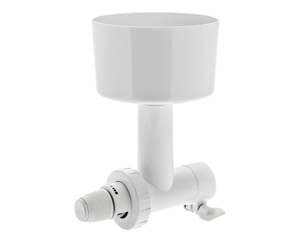 Ankarsrum Grain Mill attachment with hopper for grinding grains, coffee beans, herbs, and spices using the Ankarsrum Assistent Original mixer.