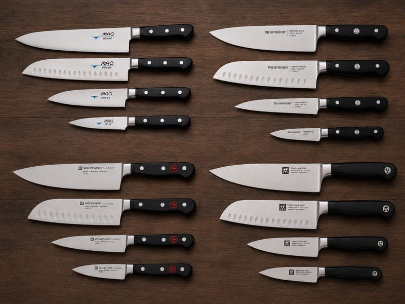 Professional kitchen knives arranged by brand