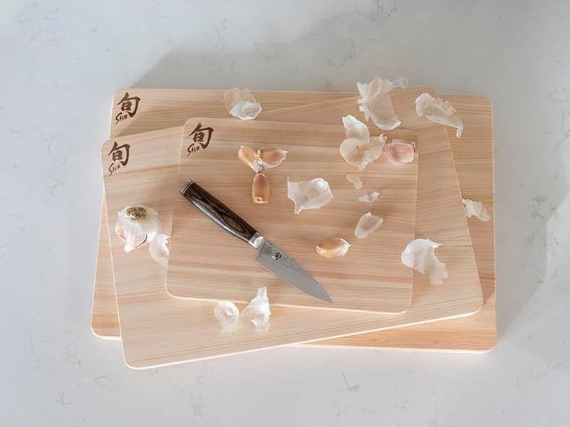 Shun Hinoki cutting board in a kitchen prep scene