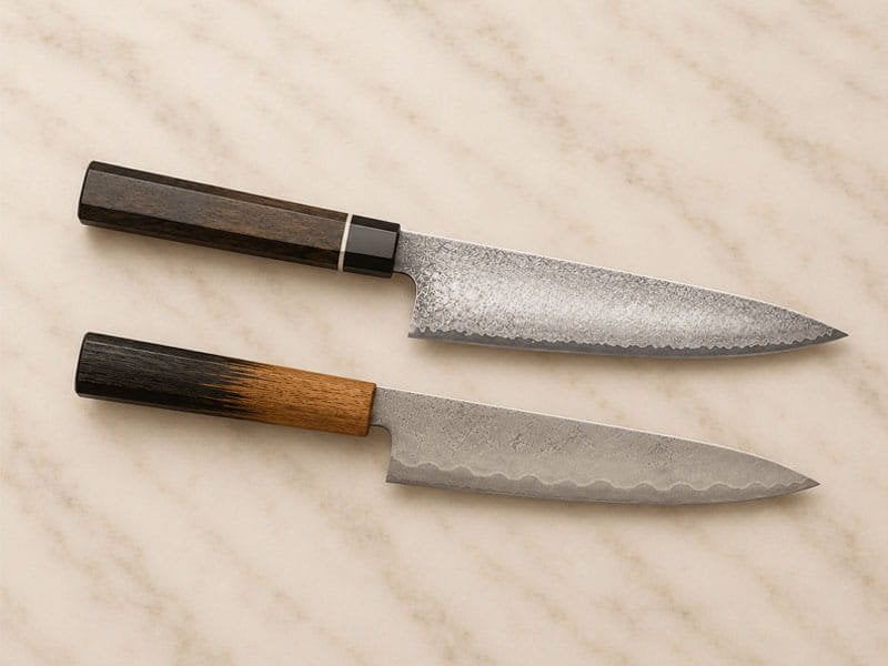 Japanese artisan kitchen knives displayed for comparison