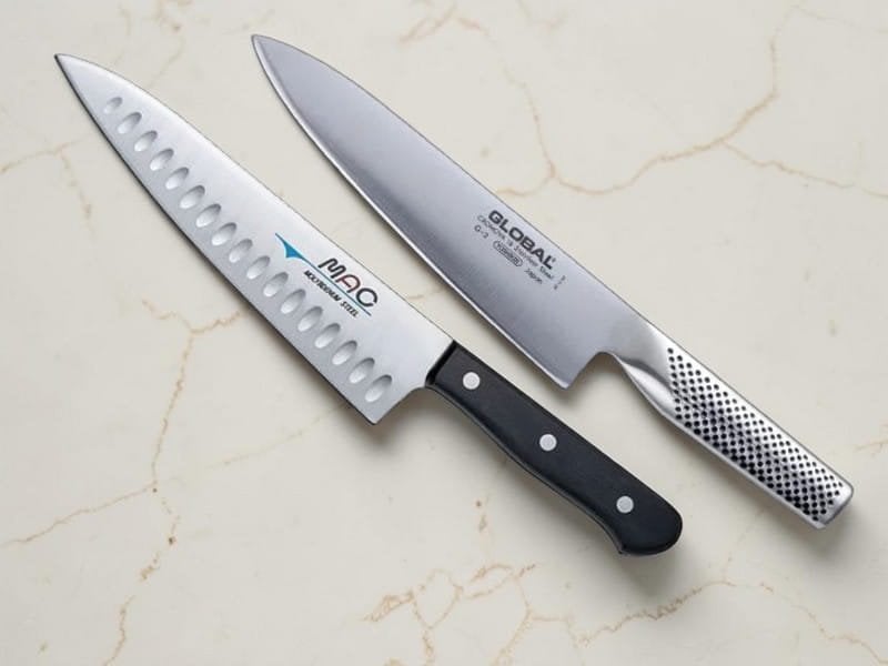 MAC and Global Japanese kitchen knives displayed for comparison