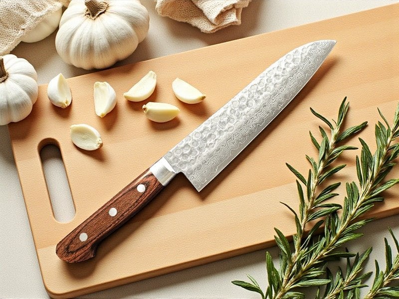 A Kikuichi Hammered Damascus Santoku knife.