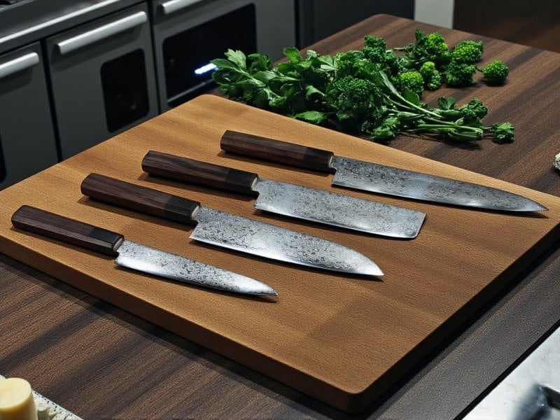 A set of Kikuichi Nickel Damascus knives